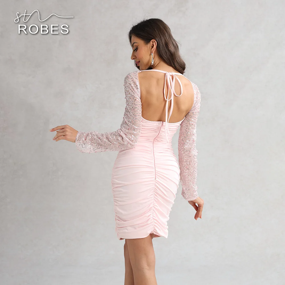 Elegant Formal Evening Dresses Celebrity V Neck Lace Long Sleeve Strapless Backless Mini Dress Women New Sexy Club Party Vestido