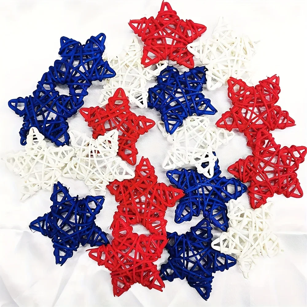 30pcs 4th of July Star Rattan Decoration Red Blue White Stars for 4th of July Independence Day Home Decor DIY Craft