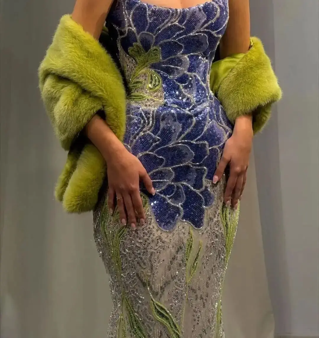 

Ofherown Luxury Sequin Beaded Embroidered Prom Gown Sparkly Strapless Multi-Color Mermaid Evening Dress with Shawl Customized