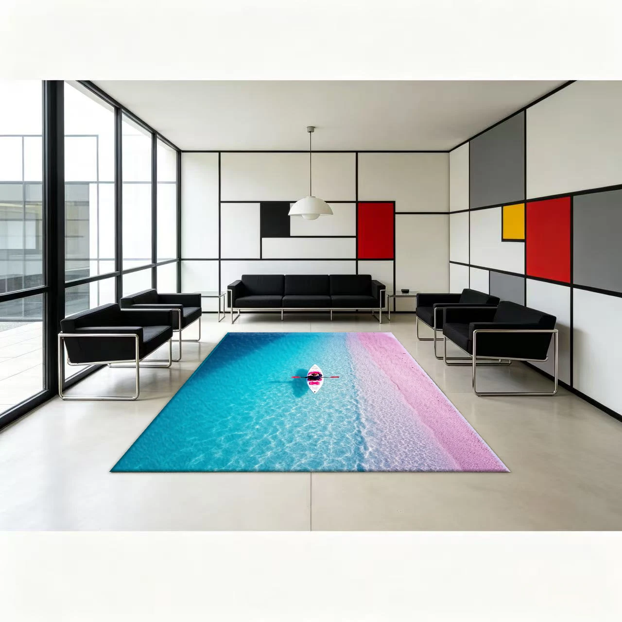 Aerial View of Pink Beach, Kayak, Ocean Carpet, Tropical Seascape, Non-Slip Floor Mat for Home Use