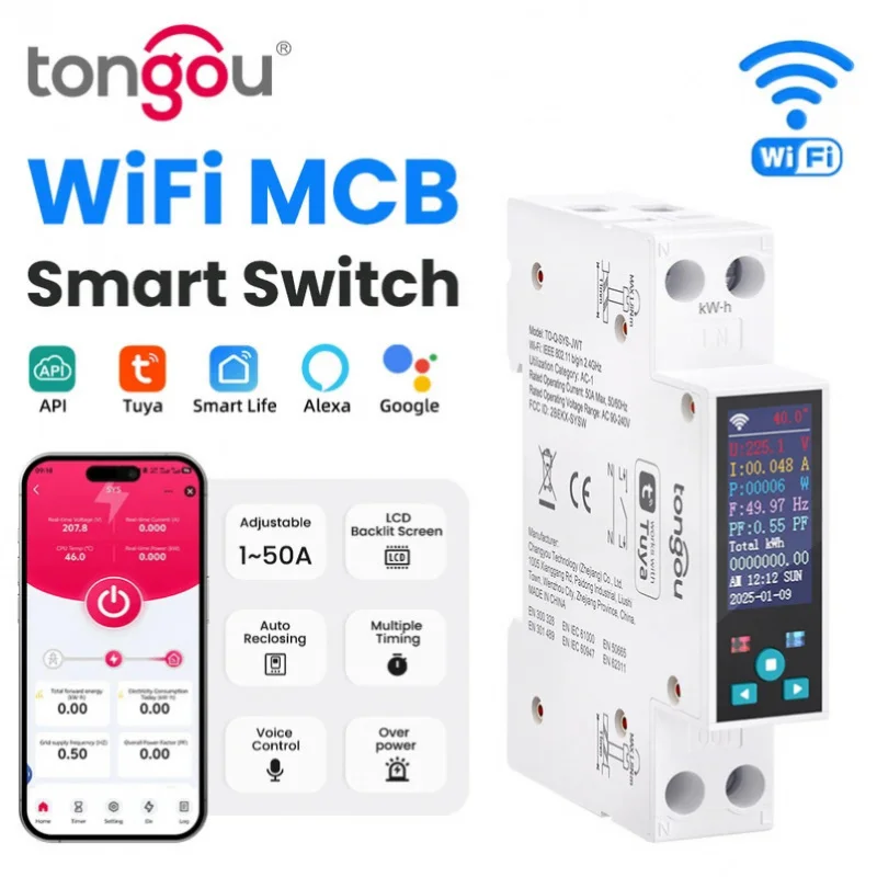 

1P 50A Tuya WIFI умный выключатель автоматический выключатель ЖК-счетчик энергии кВтч таймер измерения мощности реле дистанционное управление приложение Smart Life