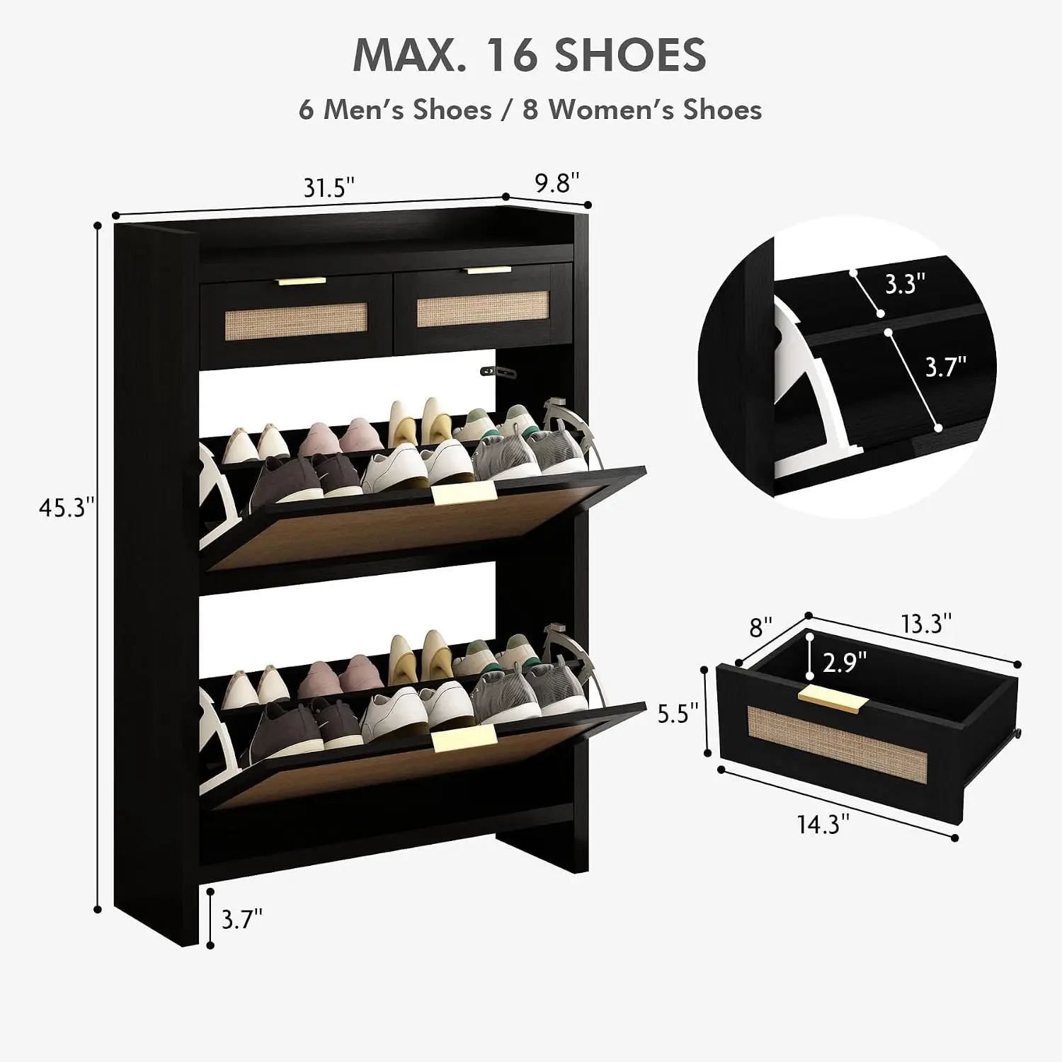 Slim Rattan Shoe Cabinet Entryway Storage Flip Drawers Narrow Hidden Organizer Boho Hallway Two Door Black, Customized