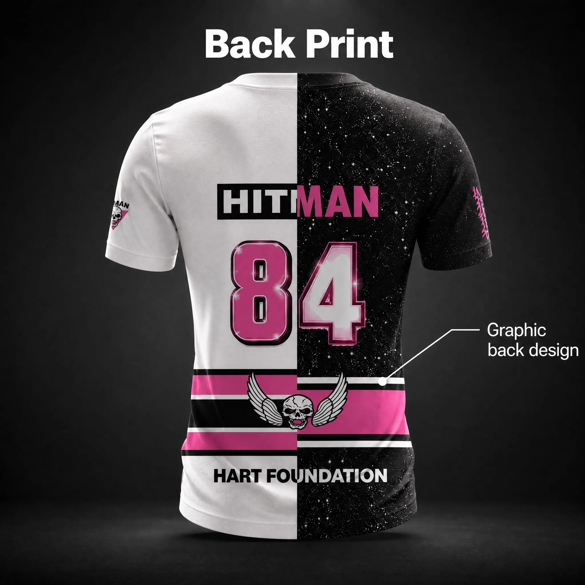 Herren-Bret-Hitman-Hart-Ringer-T-Shirt, schwarz-weiß, mit aufgesetztem rosa Herz, schlangenförmigem Totenkopf und Flügeln, 84, vorne und hinten bedrucktes T-Shirt. – Detail 3