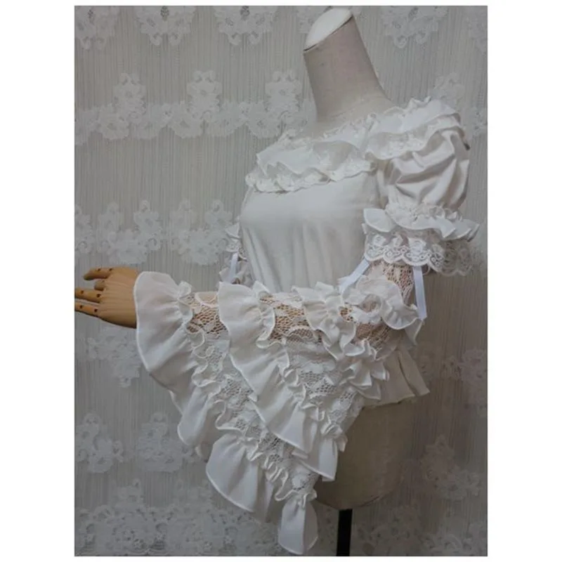 Cosplay Lolita à grandes manches, broderie en dentelle à volants noirs, grande manche papillon évasée, nœud papillon, fête de Rh, isoto bleu marine, blanc