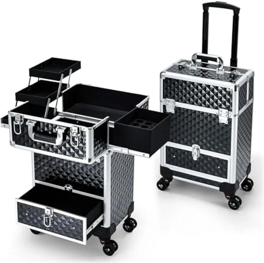 Makeup Travel Case Cosmetic Trolley Storage Rolling Sliding Drawer 4 Tray Wheels Salon Barber Cart Trunk Cosmetologist Nail Tech