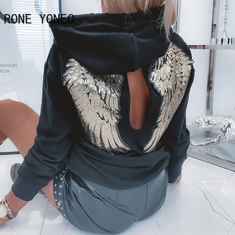 Women Chic  Hooded Hollow Out Back Sequins Wing Pattern Pocket Sweatshirt Tops