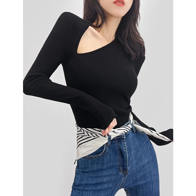 Women's Base Shirt Shoulder Bared Low Collar Inner Wear Autumn Winter New Style Skeleton Exposure Atmosphere Irregular Neckli...