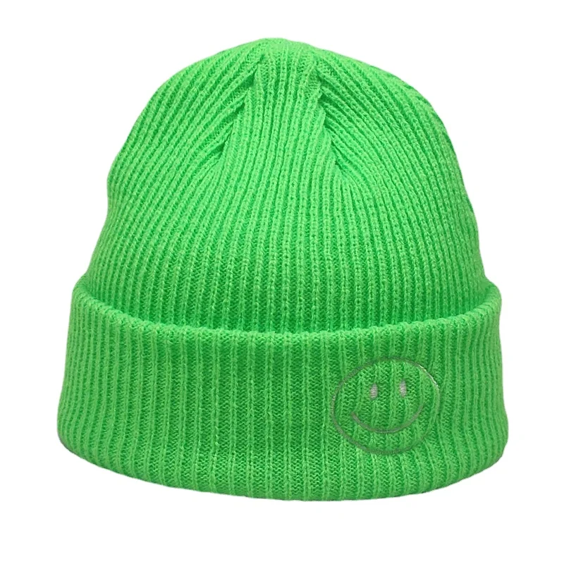 Fashion Plain Short Knitted Winter Hat for Women Smile Face Mens Beanie Neon Yellow Neon Green Purple Hot Pink