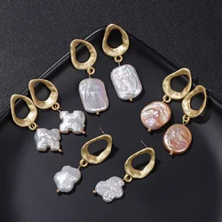 Fashion Natural Pearl Earrings For Women Genuine Baroque Pearl Drop Earrings Handmade Geometric Gold Color Dangle Jewelry Girl