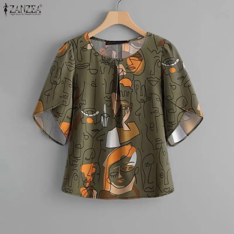 

ZANZEA 2026 Summer Bohemain Blouse Stylish Women Short Sleeve Printed Tops Mujer Femme Work Shirt Casual O Neck Holiday Blusas