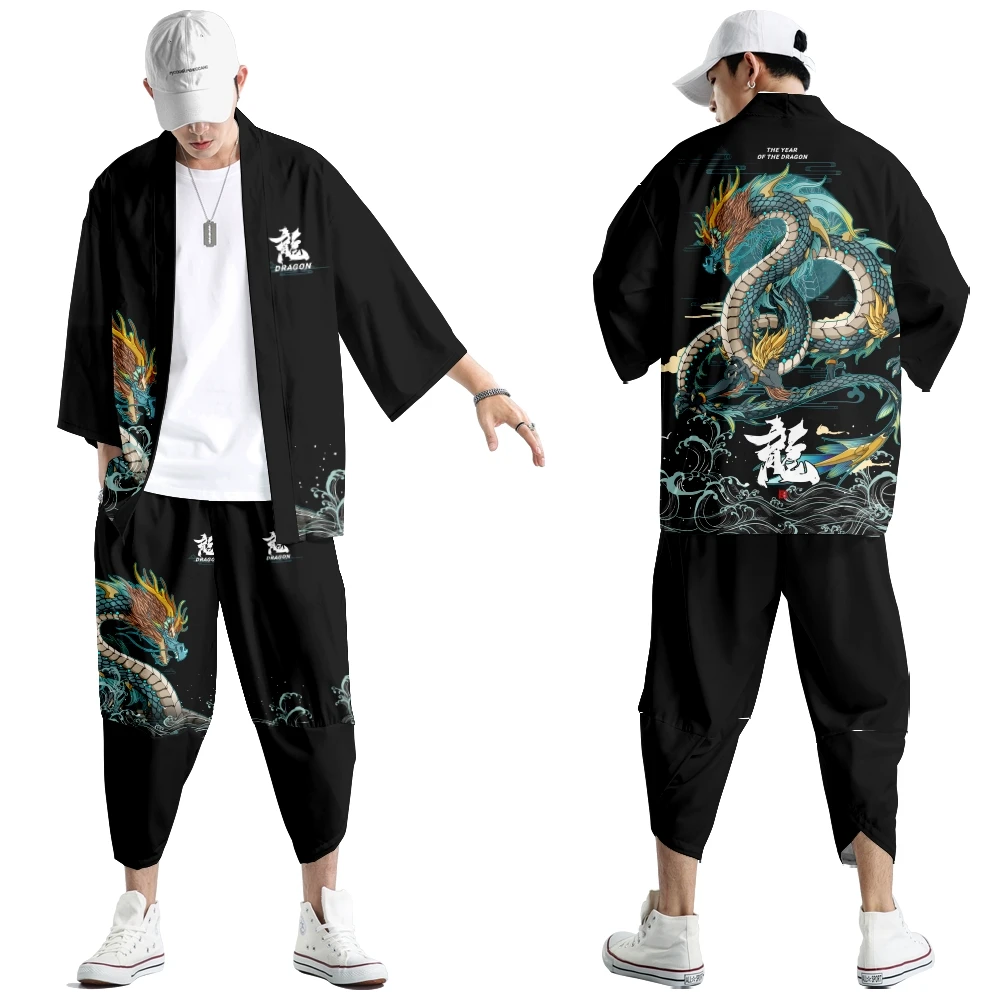 

Large Size 5XL Japanese Kimono Cardigan Pants Set Dragon Pattern Men Women Shirt Tradition Yukata Haori Obi Coaplay Costume