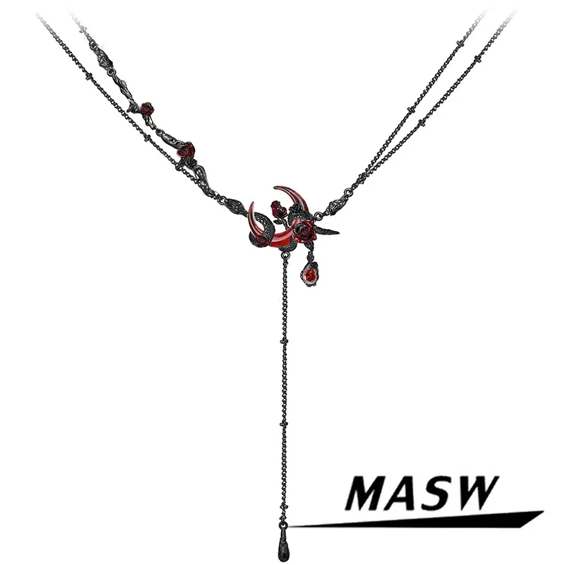 MASW التصميم الأصلي 2025 الاتجاه سلسلة كول الأسود الأفعى الأحمر القمر قلادة للنساء فتاة هدية مجوهرات الأزياء والاكسسوارات jd;2