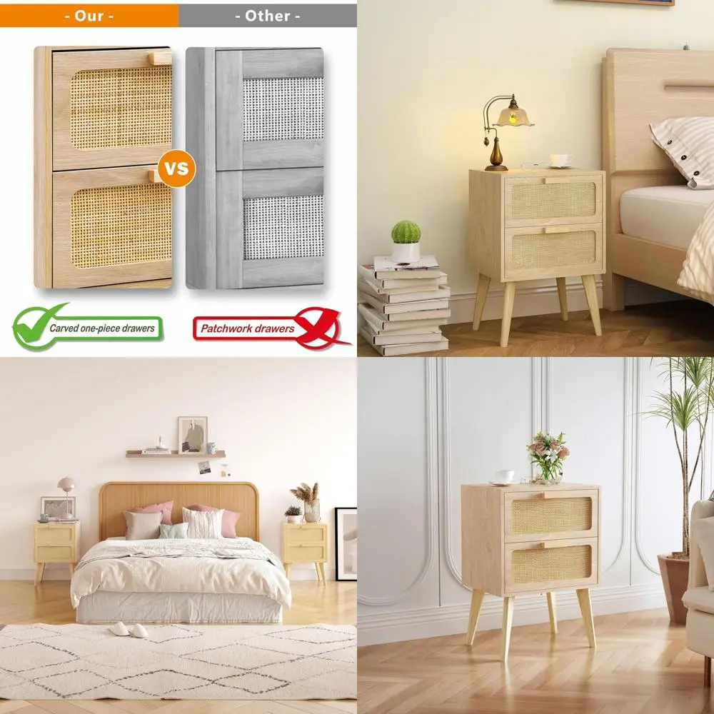 

Прикроватная тумбочка ручной работы из ротанга с 2 ящиками, в богемном стиле, идеально подходит для небольших помещений, для гостиной и спальни, натуральная отделка, 11