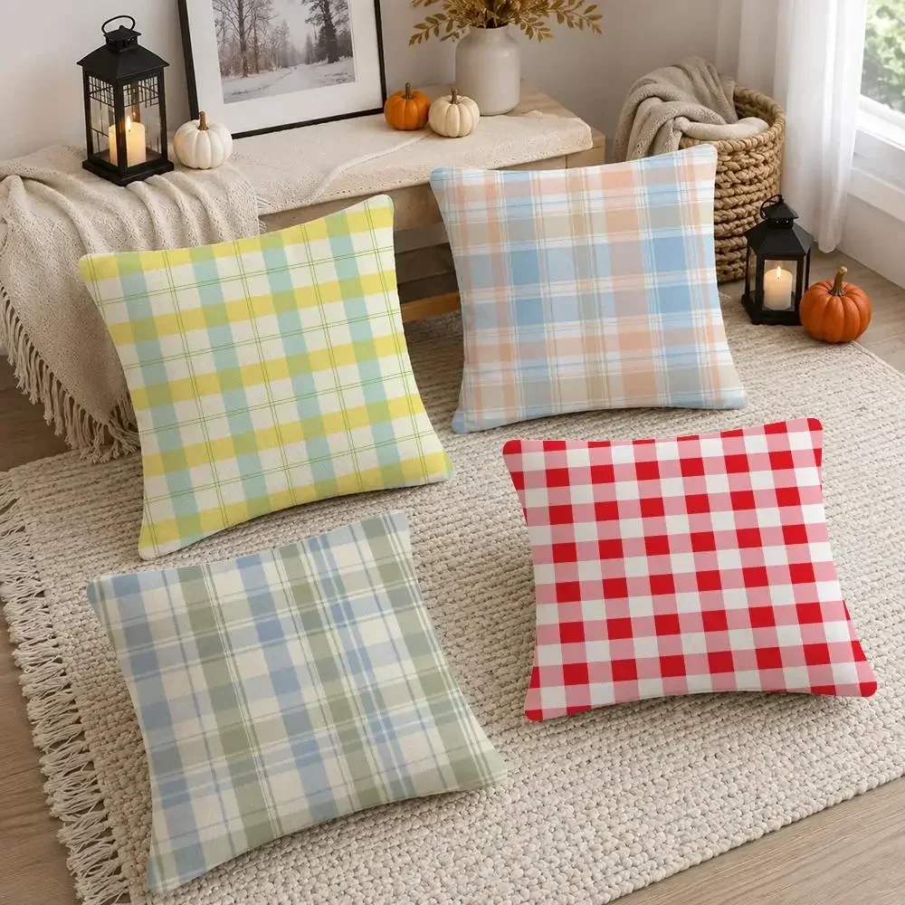 Pattern Plaid-Gingham-Stripes Cushion Cover Soft Fluffy Short Plush  Pillow Case Throw Decorative  for Sofa Bedroom Home Decor
