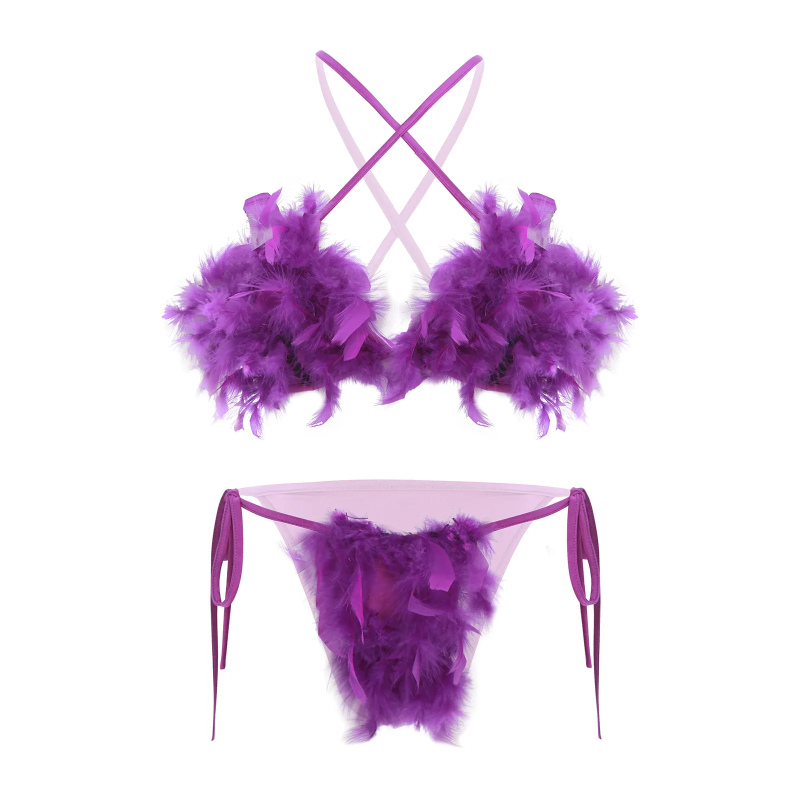 

Womens Faux Feather Bikini Set Front Crossing Removable Cups Bra Tops with Side Tie Briefs Lingerie Beachwear Bedtime Underwear