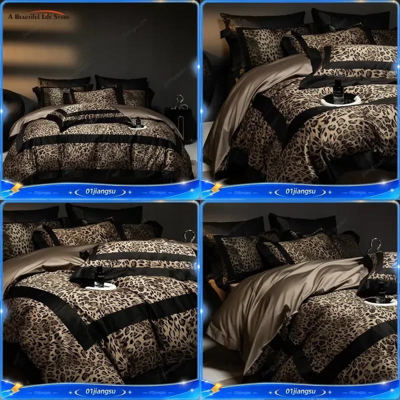 1000TC Egyptian Cotton Leopard Print Bedding Set Queen King Size Luxury Duvet Cover Flat Fitted Sheet Pillowcases Home
