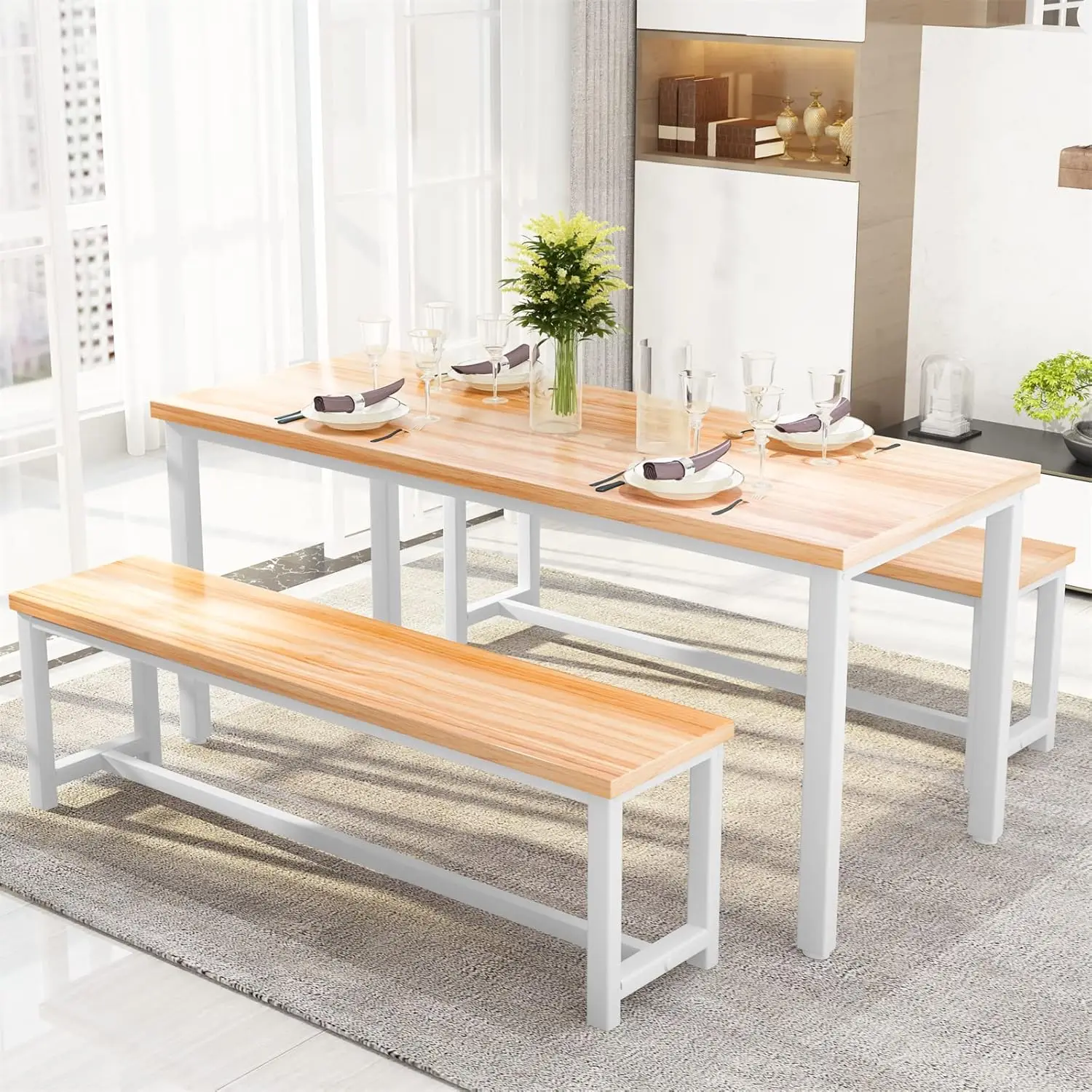 47” Dining Table Set with Benches, 3 Pieces Dining Room Table Set for 4, Wood Kitchen Table and Chair Set,  Dinette Set