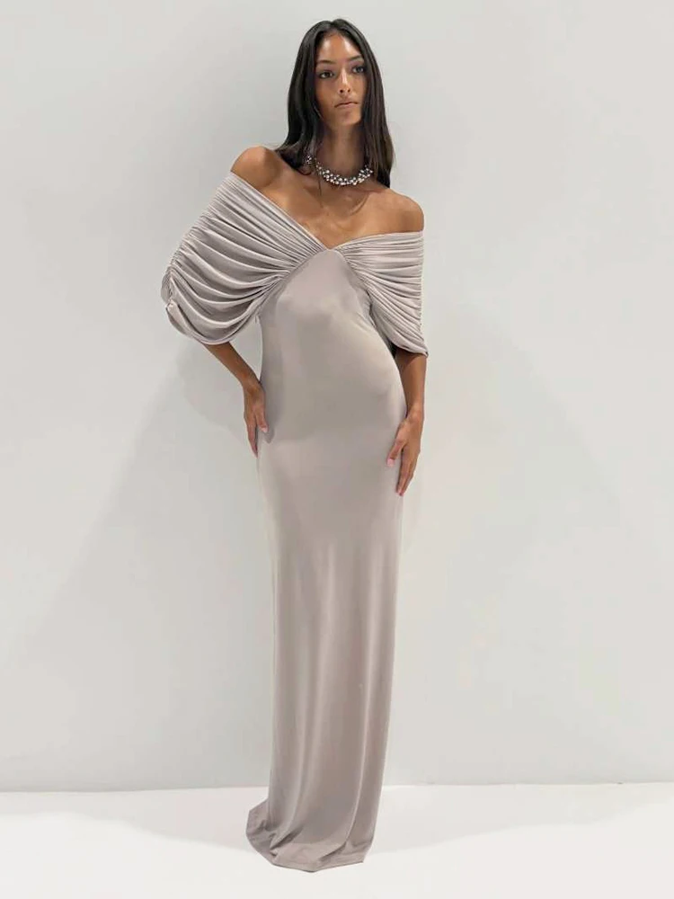 

Элегантное длинное платье Kliou с драпировкой, вырезом-лодочкой, открытой спиной, рукавом до локтя, завышенной талией, повседневное, простое, модное, в стиле Vestidos