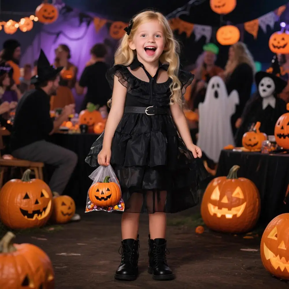 Girls Black Gothic Tutu Dress Halloween Spooky Witch Cosplay Costume Kids Dark Carnival Party Layered Tulle Fancy‑Dress Outfit