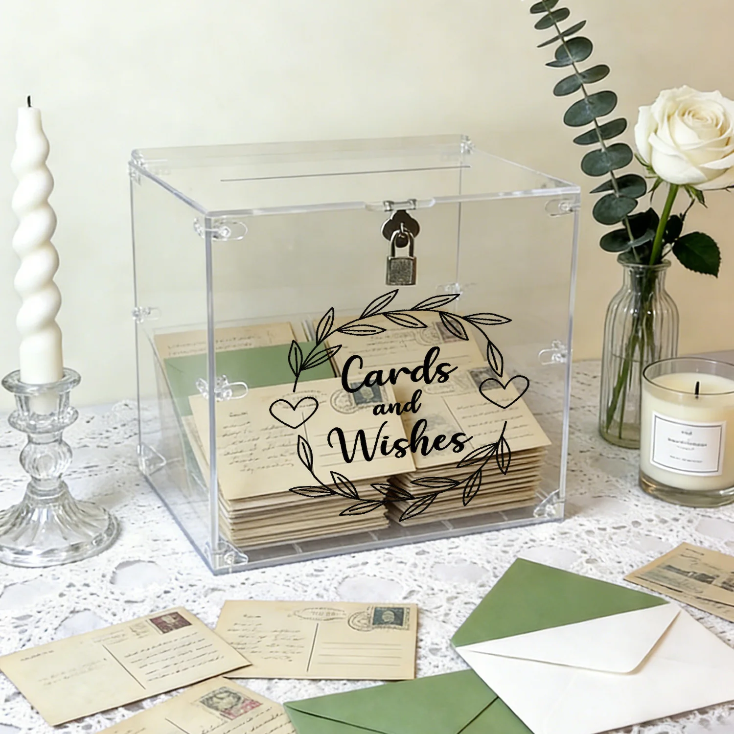 

Acrylic Wedding Card Boxes with Lock, Leaf Wreath & Hearts "Cards and Wishes" DesignCard Boxes for Wedding Reception