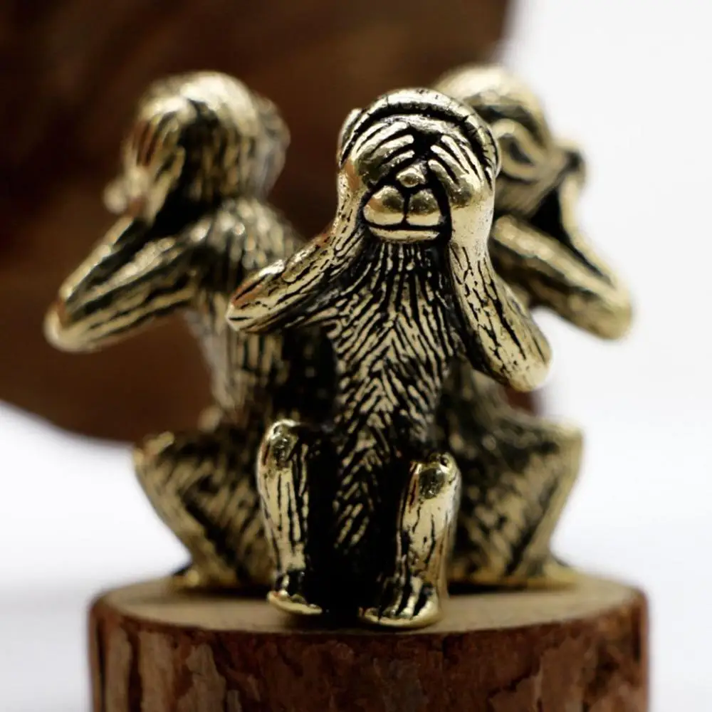 لا سماع، لا يتحدث، لا انظر 1 قطعة الحرف العتيقة الصلبة النحاس ديكور المنزل تمثال القرد الحكيم القرد التماثيل سيارة الحلي