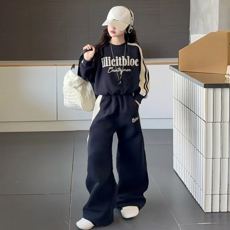 Teen Girls Fleece Tracksuit Autumn Winter Thick Warm Sweatshirt Two-Piece School Casual Sportswear Set Children's Clothing 5-14Y