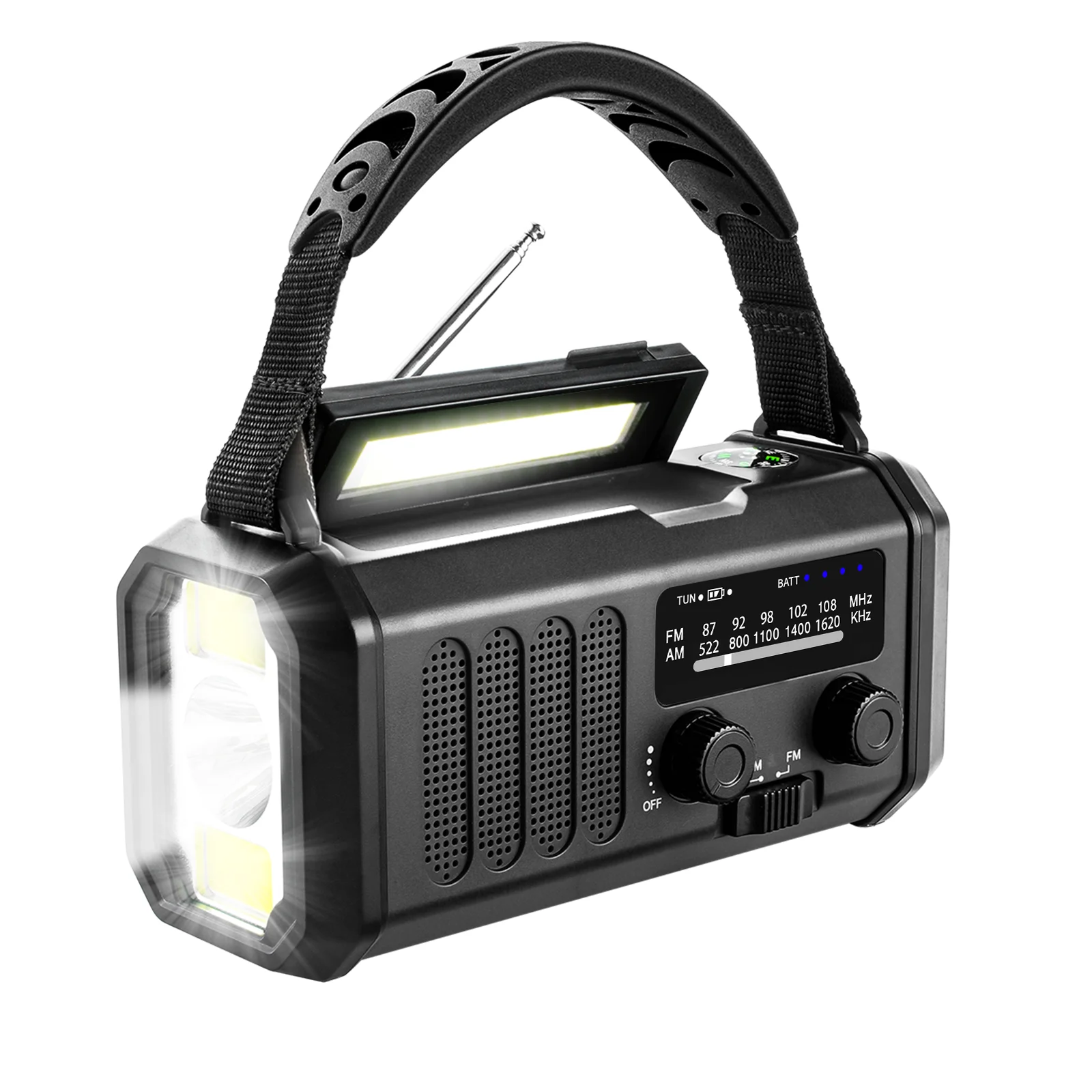 Schwarzes tragbares Solar-Notfallradio mit Handkurbel, 10000mAh AM/FM-Powerbank, SOS-Alarm, 3 Lichtmodi für Camping und Outdoor