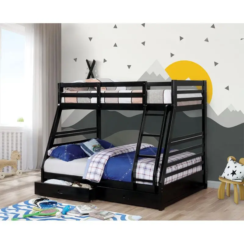 

Transitional Twin Over Full Bunk Bed with 2 Large Drawers and Solid Wood Ladder, Black Finish