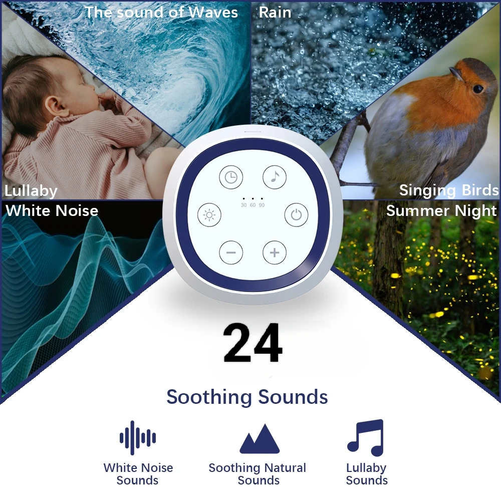 Portable White Noise Sound Machine for Baby Kids Adults 24 Soothing Sounds Rechargeable Sleep Aid and Soother Night Light Timer