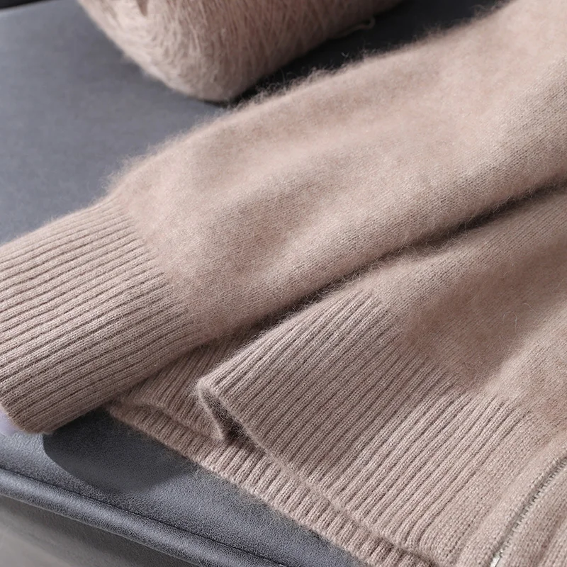Fall/Winter 100% Mink Cashmere Zipper Cardigan Men's Semi-High Collar Solid Color Thick Coat Loose Cashmere Sweater Outside