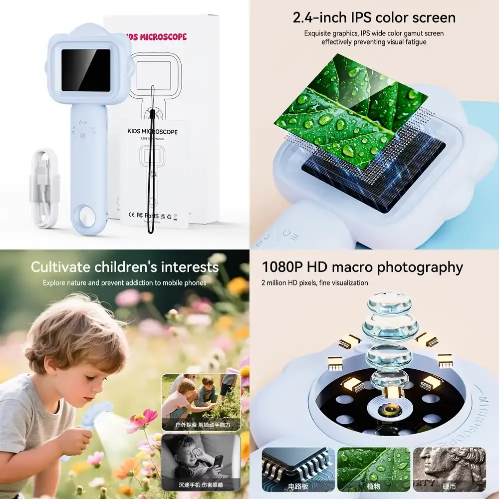 

E208 Digital Microscope with 2.4 Inch IPS Screen 500X Magnification for Kids Educational Toy with 8 LED Lights Nature