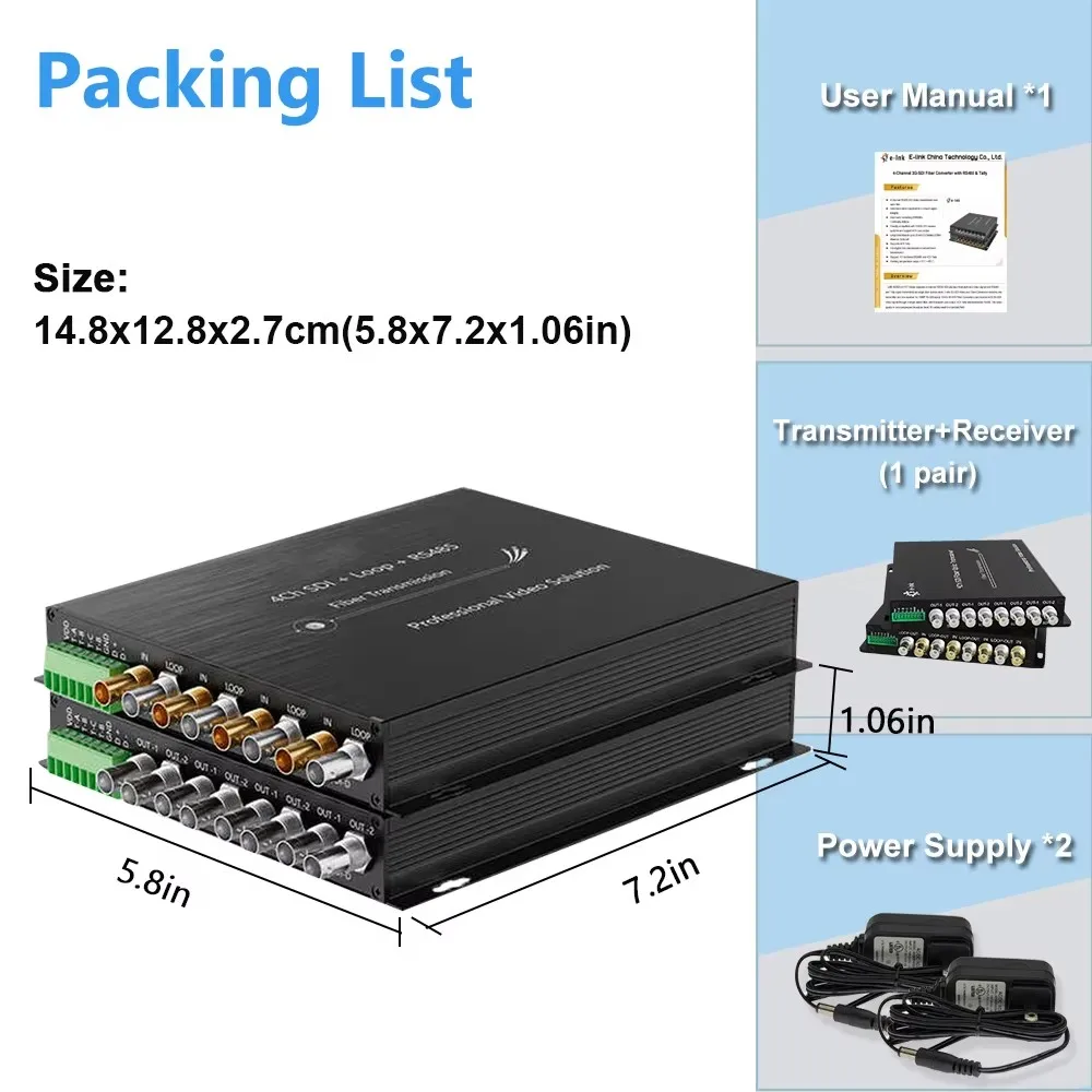 

4CH 3G-SDI Fiber Converter 1080P&60Hz Broadcast SDI Video Optical Transceiver Loop Output with RS485 Over Single-Mode 20KM