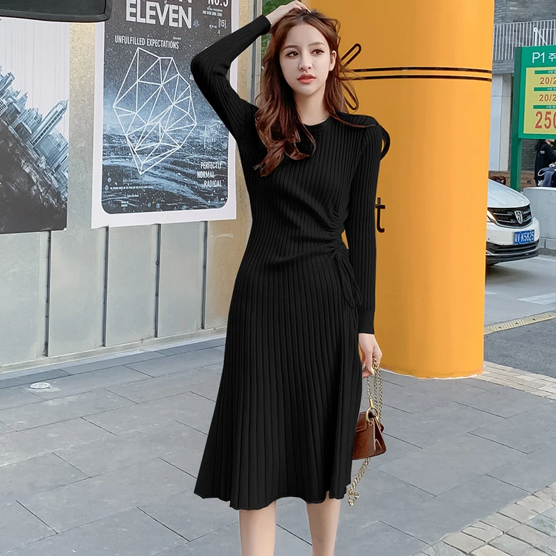 Autumn New Slim Fit Slimming O-Neck Drawstring Knitted Dress For Wome Simple Temperament Elegant Long Sleeve Mid Length Dress