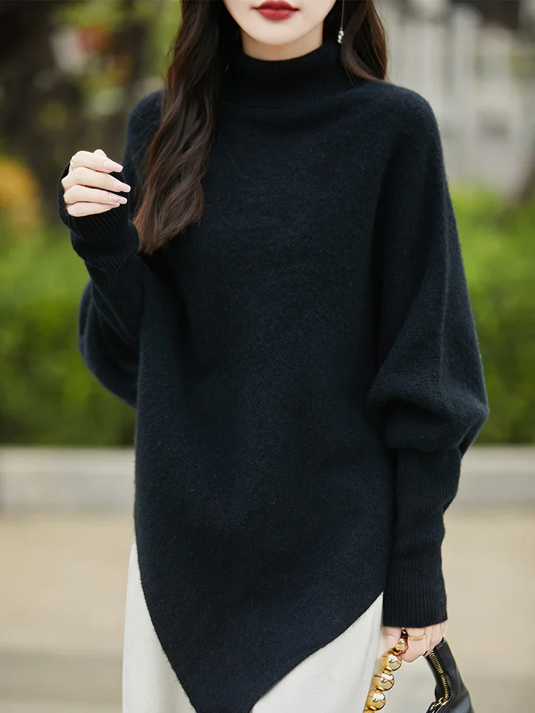 100% lã merino camisola feminina gola alta pulôver bainha irregular malhas casual feminino roupas superiores outono inverno moda manto