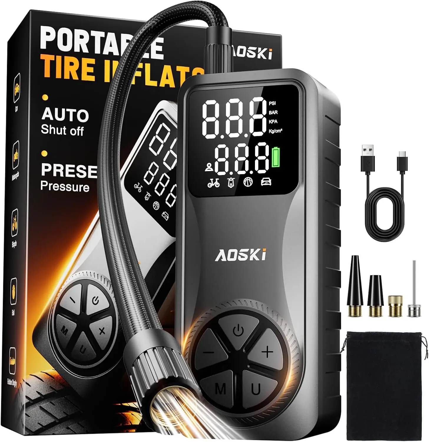 

Портативный воздушный компрессор: 150PSI, перезаряжаемый насос с цифровым манометром, LED-подсветкой, автоматическим отключением для автомобиля, мотоцикла, велосипеда - черный