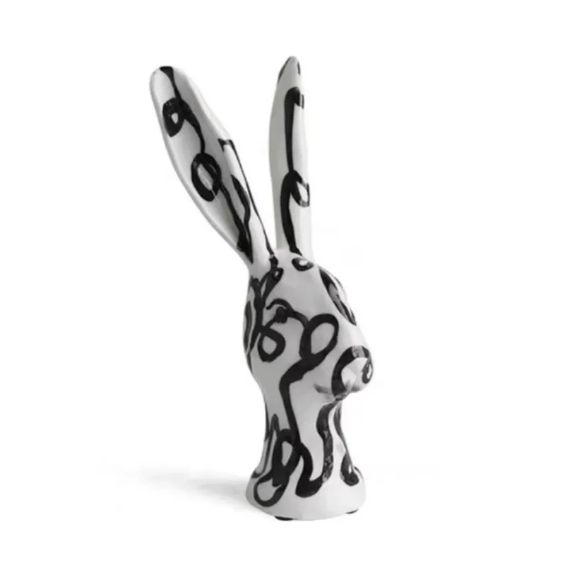 

Resin Handicraft Artificial Animal Sculpture on The Way Black and White Rabbit Head Hand-painted Graffiti Decorative Figurines