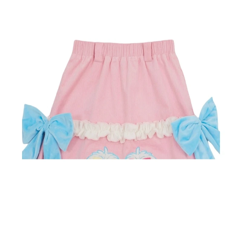 2025 Autunno Inverno Nuova stampa animalier Velluto a coste Rosa Gonna lunga da donna Design giapponese Dolce e carino Fiocco in pizzo Splicing Gonne Donna