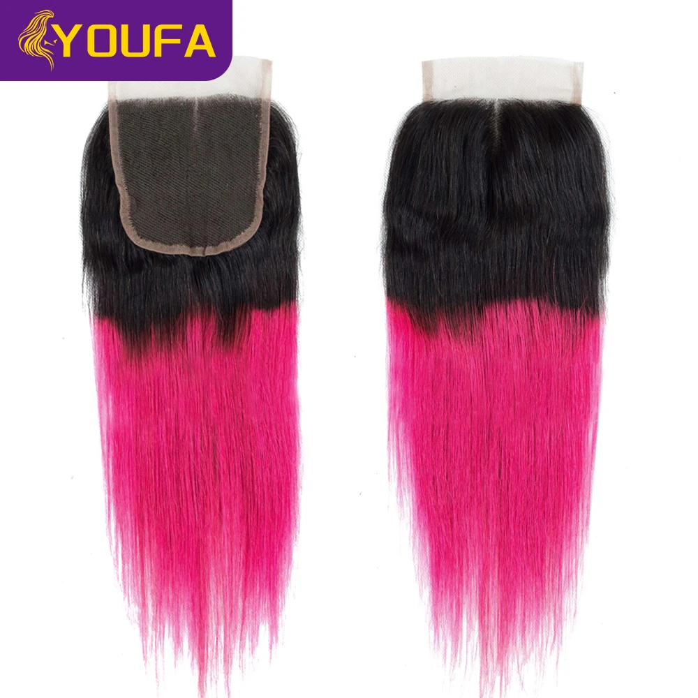 YOUFA Ombre Hot Pink 4x4 13x4 Lace Closures Free Part 100% Brazilian Straight Human Hair Frontals 1B/Pink Pre Colored Closures