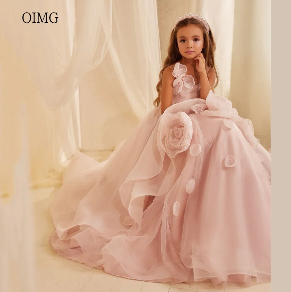 OIMG Pink 3D Flowers Strap A Line Flower Girl Dresses Long Tail Wedding Party Dress Floor Length Birthday Dress Customized