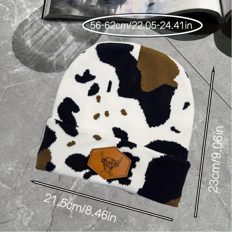 Neutral Cow Contrast Jacquard Beanie with Rolled Edge, Warm Fashionable Elastic Thick Perfect Gift for Friends Family Cow Hat