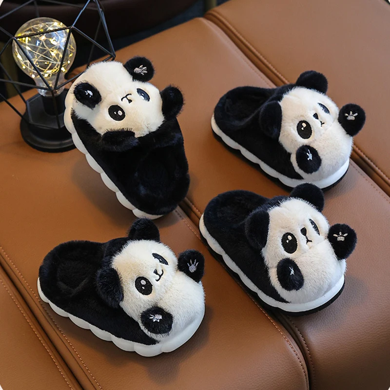 2023 New Cute Children's Cartoon Panda Winter Slippers Comfortable Warm Cotton Shoes Boys Girls Indoor Home Fluffy Slippers