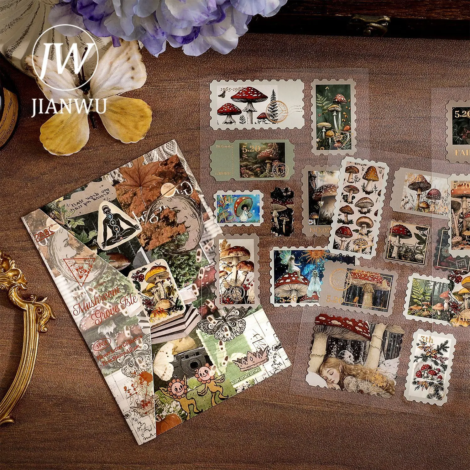 JIANWU Vintage Plant Flower Mushroom Moon Stamp Landscape Material Collage Scrapbooking Sticker Creative DIY Journal Stationery