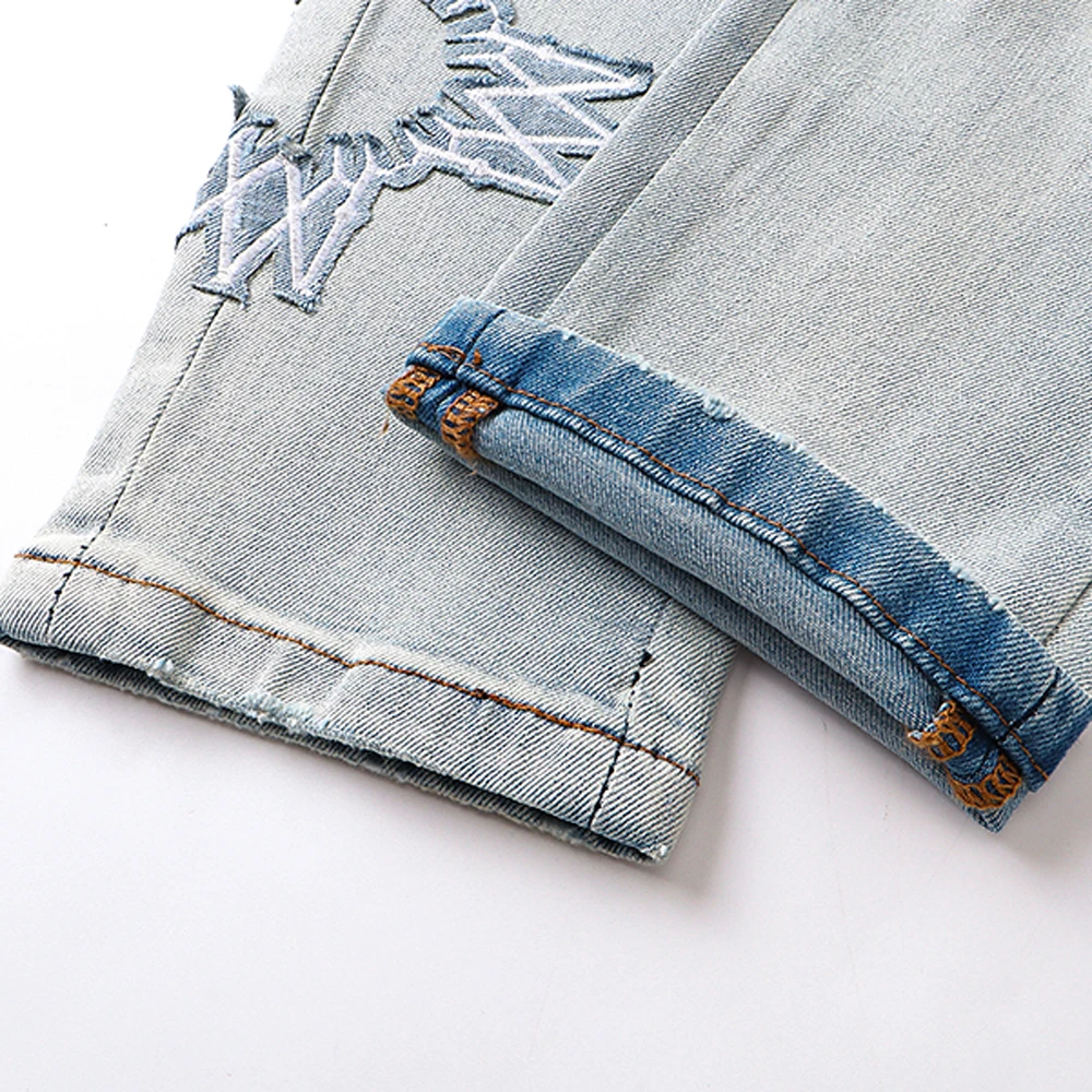 ロック復活ジーンズストリートスタイルファッション刺繍リッピングカジュアルスリムフィットジーンズストリート服レトロヴィンテージパンツ男性用