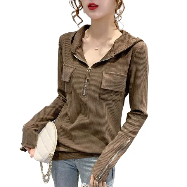 Western style hooded top sweater Women's 2023 new fashion loose zipper bottom shirt Spring and Autumn Long Sleeve