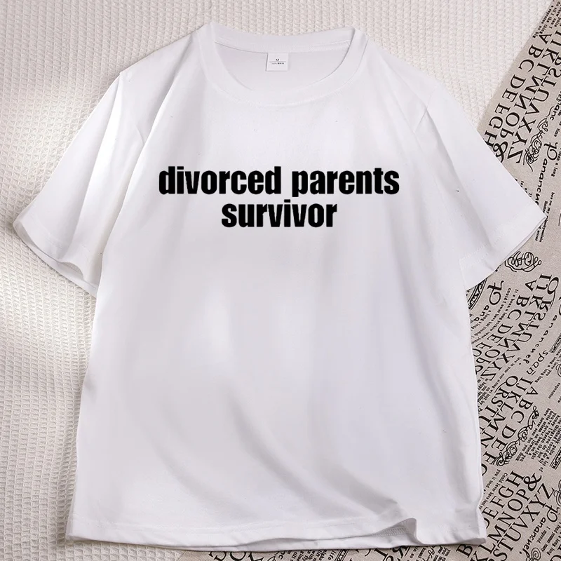 Divorced Parents Survivor Funny T-Shirts Parody Meme T Shirts Trendy Dark Humor Adult Short Sleeve Tshirts for Woman and Man
