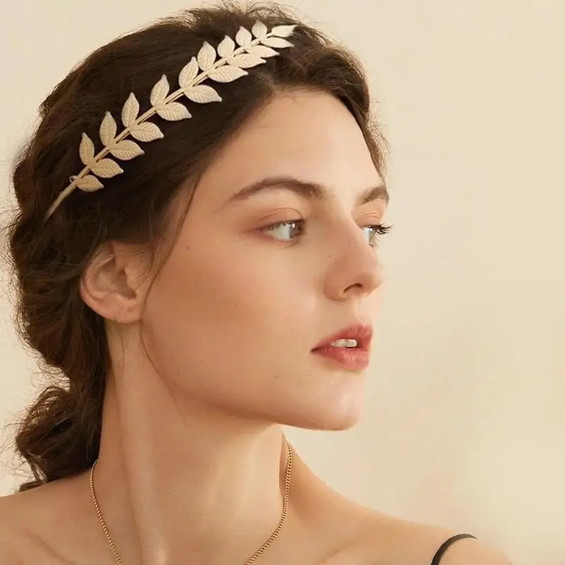 【B】Retro Gold Color Leaf Headband Headpiece Crown Tiara Headdress Goddess Greek Head Jewelry  Wedding Hair Accessories view 3