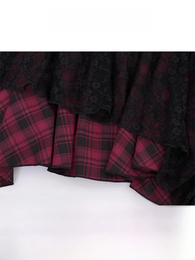 Y2K 밀레니엄 스파이시 걸 체크 레이스 스커트 여성 여름 디자인 비대칭 튤 스커트 하이웨이스트 A라인