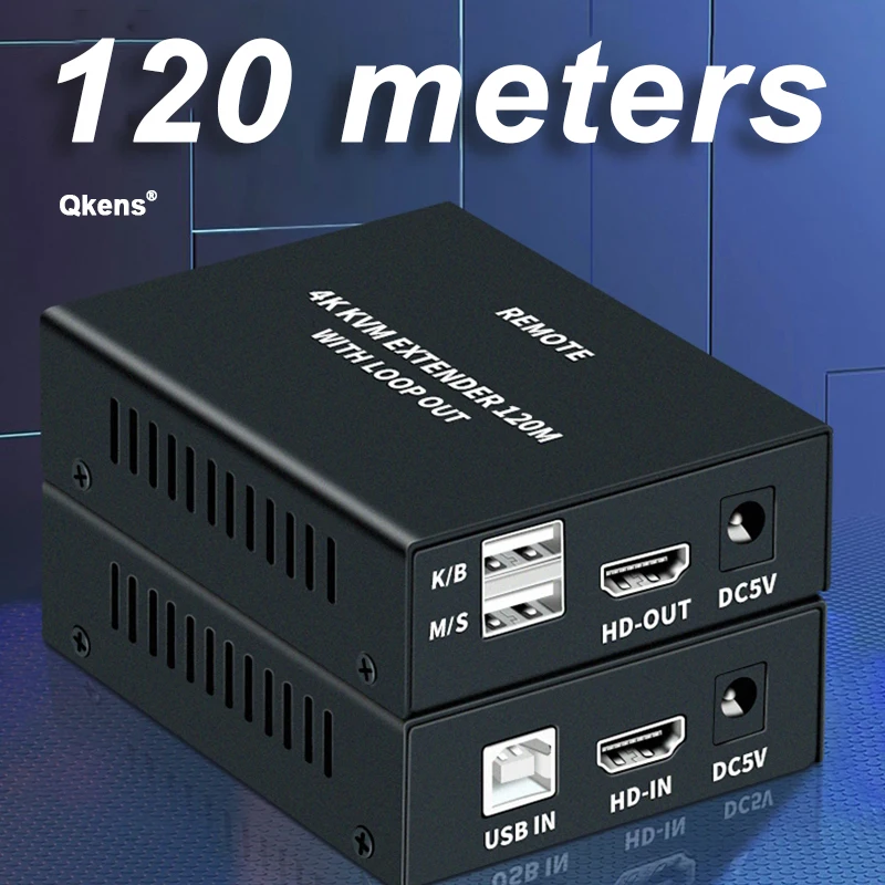 4K HDMI KVM Extender Over Cat5e/6 Cable 120M with Loop HDMI USB Ethernet Extender Video Transmitter and Receiver for PC NVR TV
