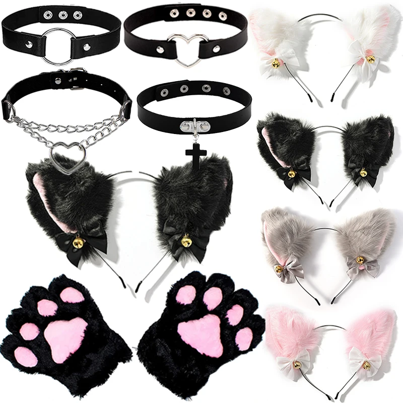 

Cat Ear Maid Claw Gloves Set Hairwear Girl Women Bowknot Bells Hairclips Fur Ear Hairband Paws Anime Props Cosplay Costume Party