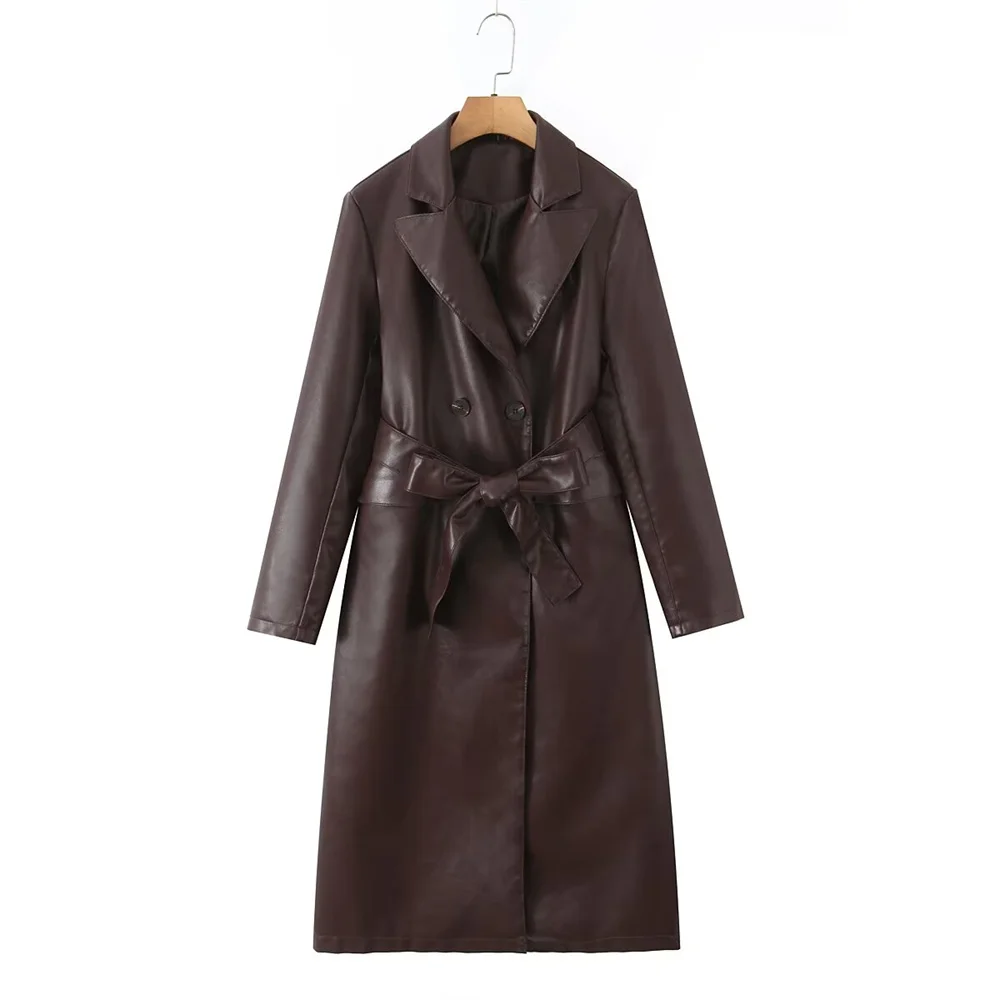 Decorazione con fibbia a doppia fila a maniche lunghe con colletto casual alla moda delle nuove donne estive con giacca lunga in pelle con cintura